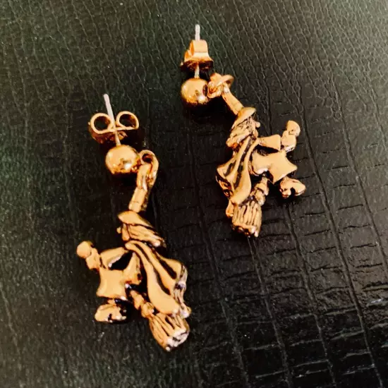 Flying Halloween Witch on Broomstick Dangle Earrings, Antique Gold Tone, Pierced