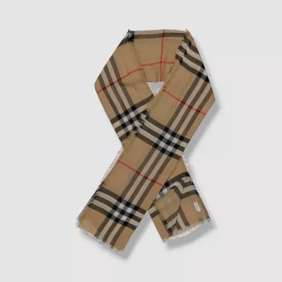 $490 Burberry Unisex Beige Wool Check Fringed Lightweight Scarf