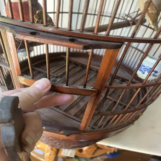 Vintage Chinese Bamboo Song Bird BirdS Cage Porcelain Feed Bowls