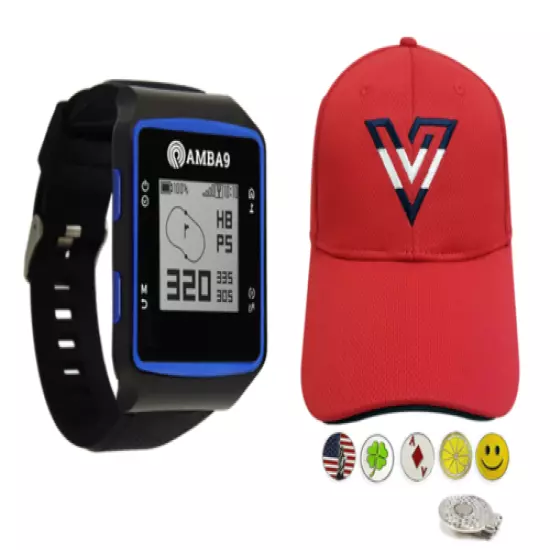 Amba9 GPS Golf Watch, 1 Volvik V-Logo Golf Hat, 5 Ball Markers, 1 Hat Clip