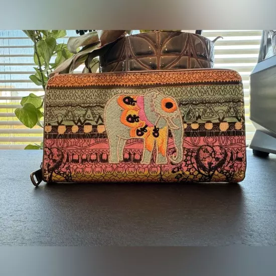 Sakroots colorful embroidered elephant zippered wallet