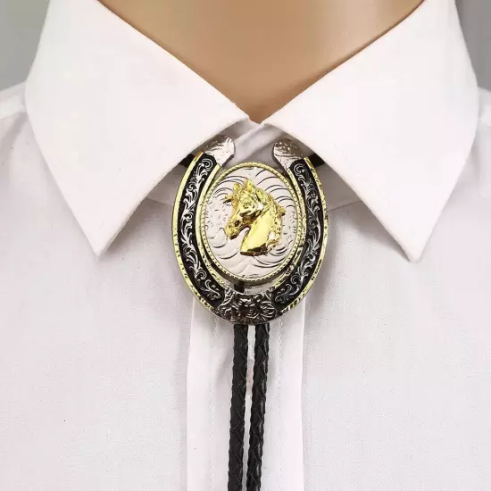 Bolo Tie for Men- Western Cowboy Native American Golden Horse Leather Necktie