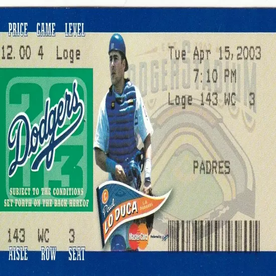 2003 LA Dodgers vs San Diego Padres Ticket Stub Game 4 April 15 Paul LoDuca