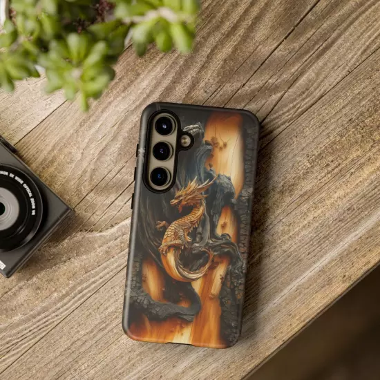 For iPhone, Samsung Galaxy, Pixel - Phone Case Cover - Carved Wood Dragon Print