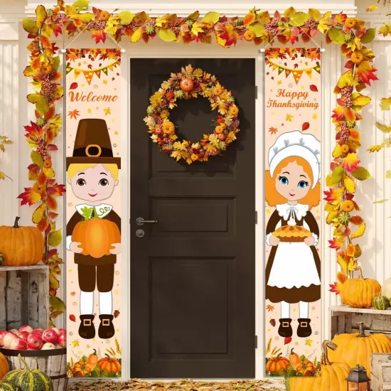 Fall Decorations Porch Banner Thanksgiving Decorations Pilgrim Boy and Girl P...