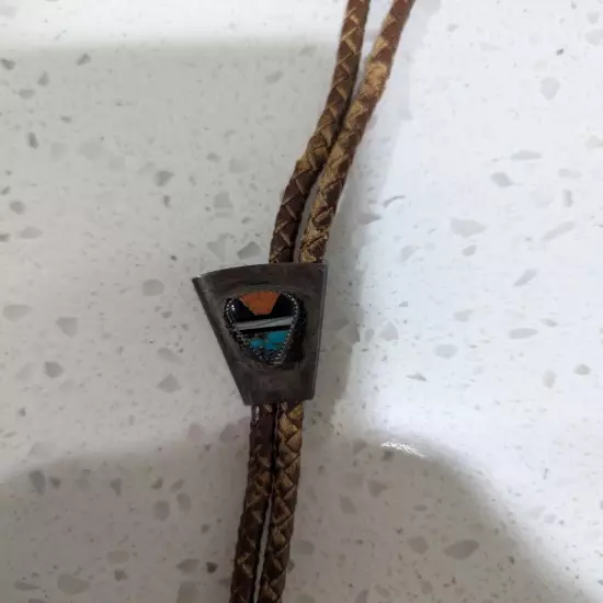 Turquoise And Amber Bolo Tie With Braided Leather 