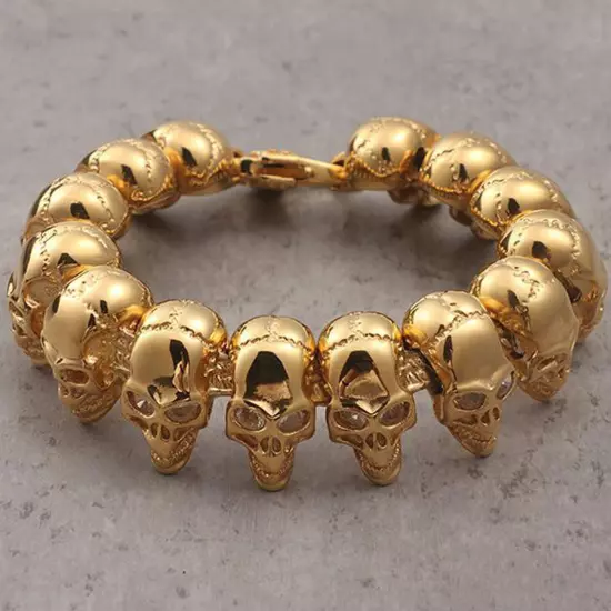 Heavy Men's 18K Gold Stainless Steel Gold Skull Bicycle Chain Bracelet Wristband