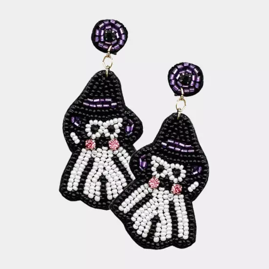 White Felt Back Seed Beaded Witch Hat Ghost Dangle Earrings