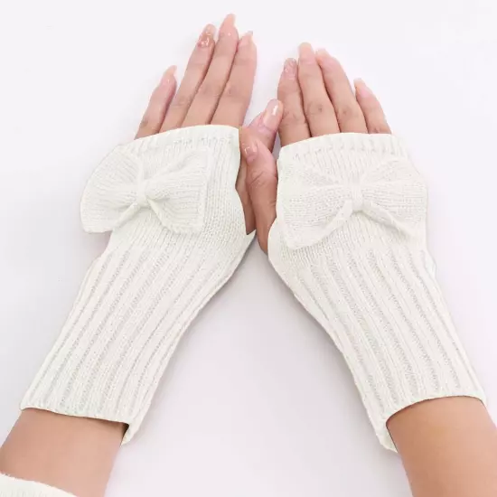 Short Bow Fingerless Gloves Autumn Winter Women's Solid Wrist Knitted Wool Glove