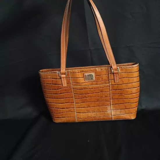 Dooney & Bourke Croc Embossed Leather Tote Large Shoulder Bag Cognac Brown Purse