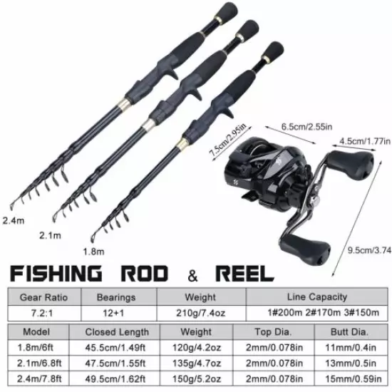 Telescopic Casting Fishing Rod & Reel Combo Lures Ultralight Travel Pole Tackle