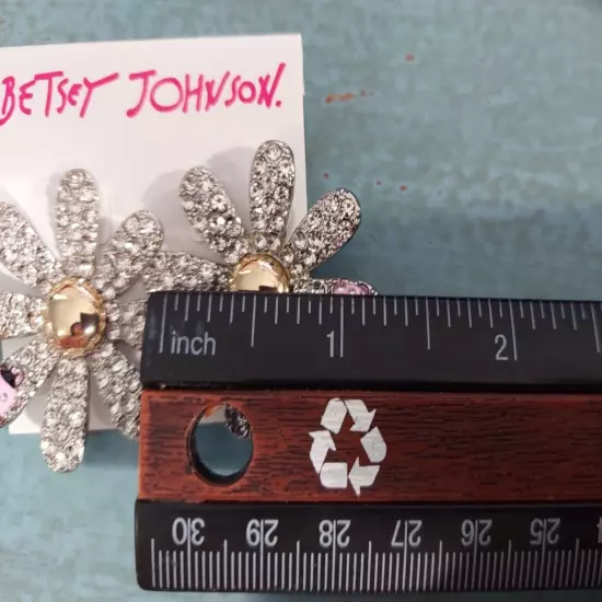 NWT Betsey Johnson Silver with Gemstones and Pink Ladybugs Earrings "Big"