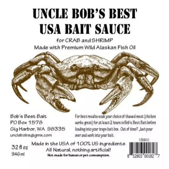 Uncle Bob's USA Bait Sauce, Crab, Shrimp, 100% Natural, Attractant Bait Oil 32oz