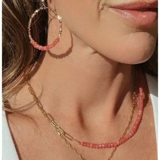 Red Jade Pink Sparkly Gold Beaded Earring Gemstone dangle hoops vacation jewelry