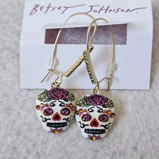 Betsey Johnson Stone Sugar Skull Dangle Earrings.