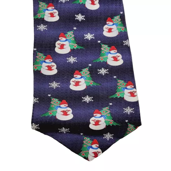 Snowman with Gift Christmas Winter Holiday Wavy Print Blue Vintage Silk Necktie