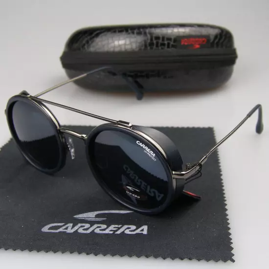 Men Women Retro Sunglasses Matte Black Metal Round Frame Carrera Glasses+Box C39