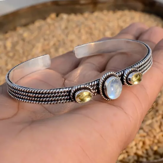 Moonstone, Citrine Topaz Gemstone Bracelet 925 Sterling Silver Man's Cuff Bangle