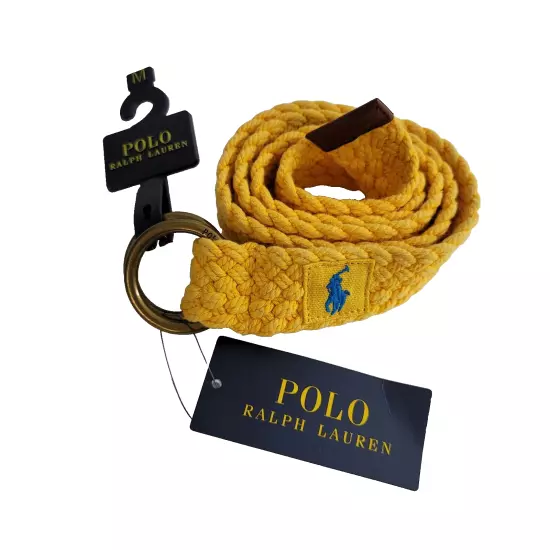 Polo Ralph Lauren Leather-Trim Canvas Belt Men Medium Yellow Double D Ring Braid