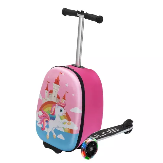 VLIVE Kids Ride on Suitcase Scooter Luggage with LED Lights and Unicorn Patterns