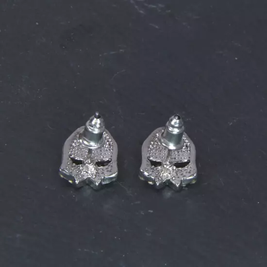 Small Silver Finish Hip Hop Mask Micro Pave Bling Rappers Stud Earrings