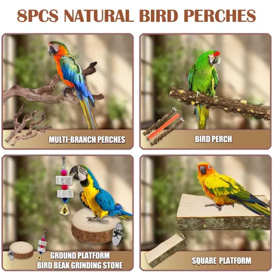 Natural Wood Bird Perch Hanging Multi-Branch for Parrot Climbing Training Per...