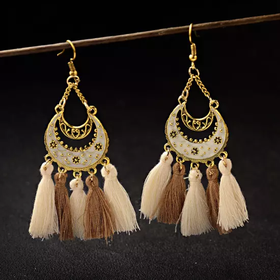 Fashion Women Bohemian Earrings Long Tassel Fringe Drop Dangle Ear Stud Jewelry