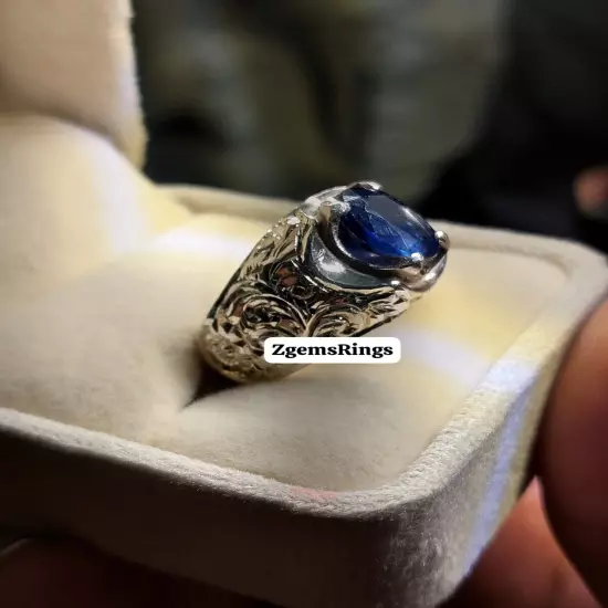 Mens Natural Blue Sapphire Silver 925 Neelam Art Engraved Man Vintage Style Ring