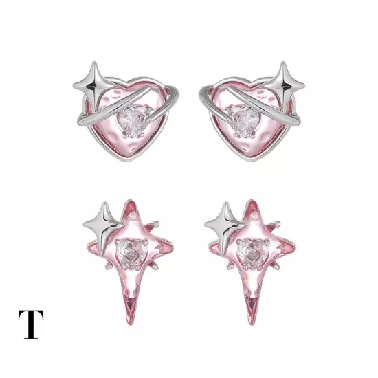 Brass White Gold-plated Heart-shaped Four Eight-pointed Stars Zircon Stud Earrin