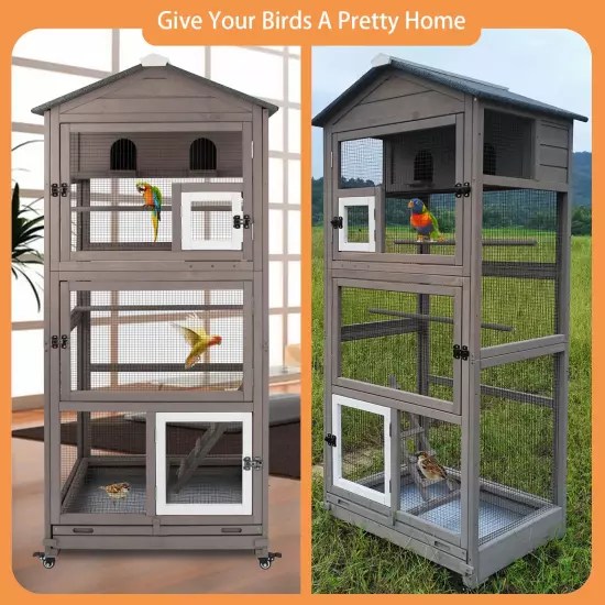 68.8"L Wooden Bird Cage Outdoor Bird Aviary Indoor Large Parakeet Cage on Wheels