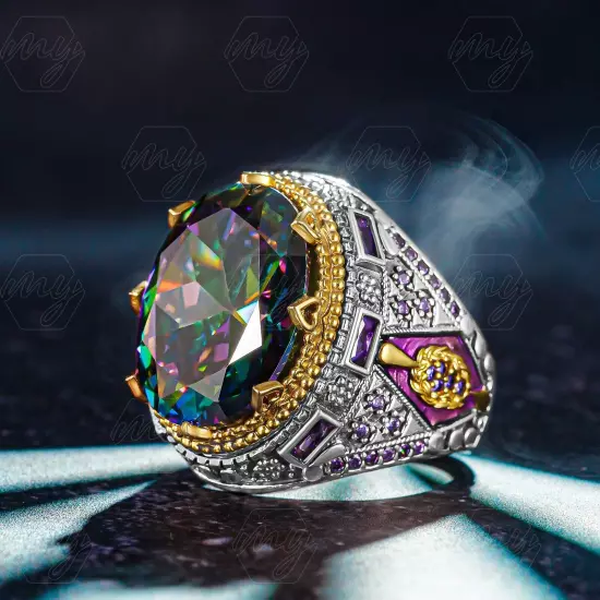 925 Sterling Silver Mystic Topaz Stone Turkish Handmade Men's Ring