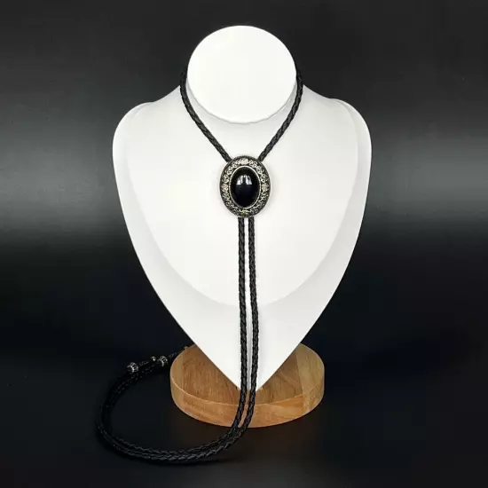 Natural Black Onyx Stone Bolo Tie Western Vintage Alloy PU Rope Wedding Necklace