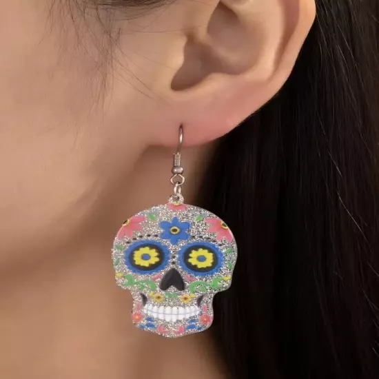 Chic Sugar Skull Dangle Earrings Halloween Day of the Dead Acrylic Boutique