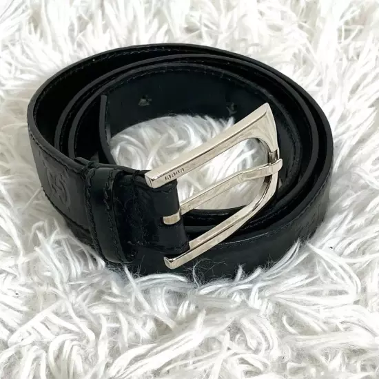 GUCCI GG Shima Leather Brand Logo Embossed Belt Black Black