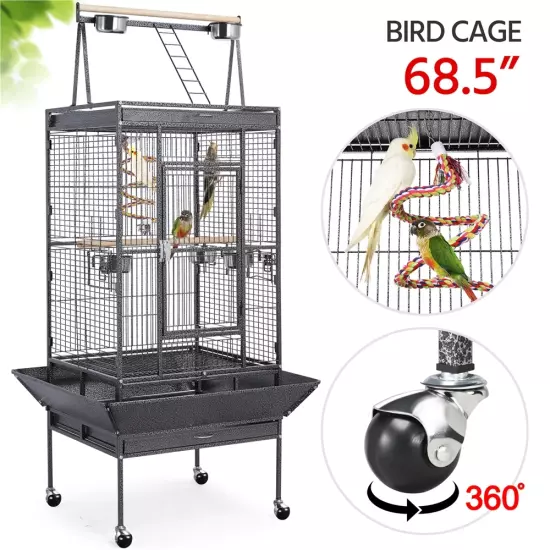 68.5'' Play Top Parrot Cage Metal Rolling Birdcage, Black