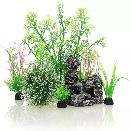 JIH Aquarium Fish Tank Plastic Plants and Cave Rock Decorations Decor Set 7 Piec