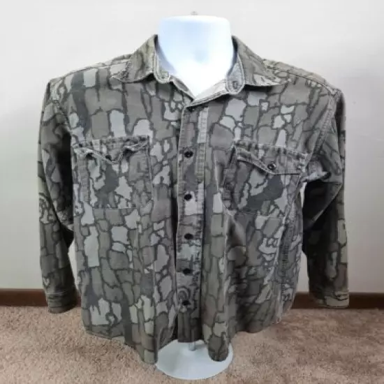 Vtg DEERSKIN USA Trebark Camo Chamois Cloth Flannel Button Up Shirt Men's L USA