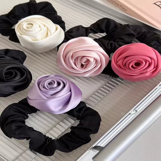 HairBand Silk Satin Rose Flower Ponytail Elastic Rope Ring Handmade Accessories