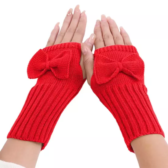 Short Bow Fingerless Gloves Autumn Winter Women's Solid Wrist Knitted Wool Glove