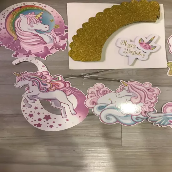 Unicorn Party Pack 12 Pc Cupcake Toppers & Wrappers & Hanging Decor *Never Used*