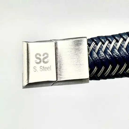 Simone l. Smith Men's Blue Leather Braided Bracelet in Stainless Steel