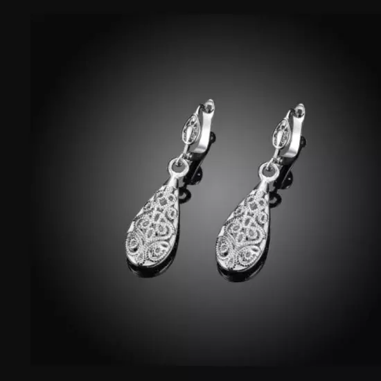 18K White Gold Filled Elegant Women Filigree Drop Earrings VINTAGE Look 