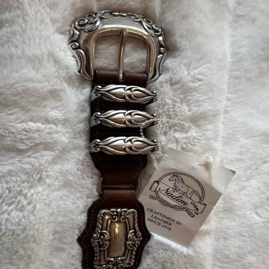 *NWT* Vtg 1997 Nadin USA, Western Leather Belt, Brown with silver accents