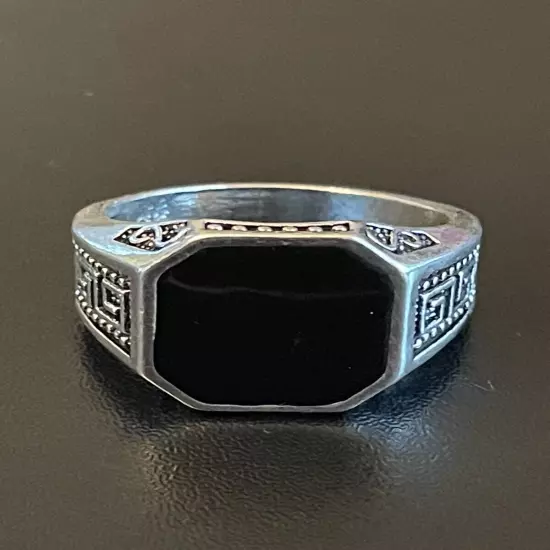 Hexagon Black Obsidian Stone S925 Silver Plated Men Statement Ring Size 9.5