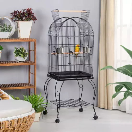 59-Inch Rolling Standing Medium Dome Open Top Bird Cage for Parrots Cockatiels S