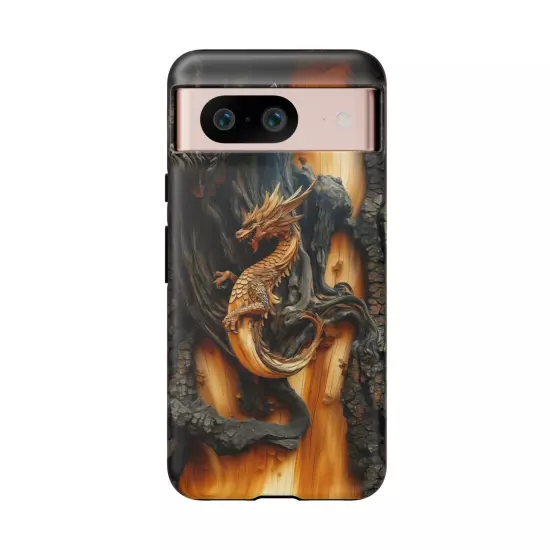 For iPhone, Samsung Galaxy, Pixel - Phone Case Cover - Carved Wood Dragon Print