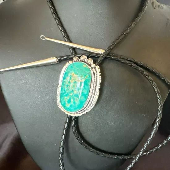 Navajo Bolo Tie Yazzie Sterling Silver Blue Green Turquoise 18007