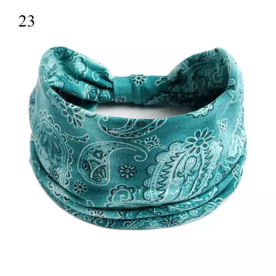 Women Boho Flower Print Wide Headband Vintage Knot Elastic Turban Headwrap *