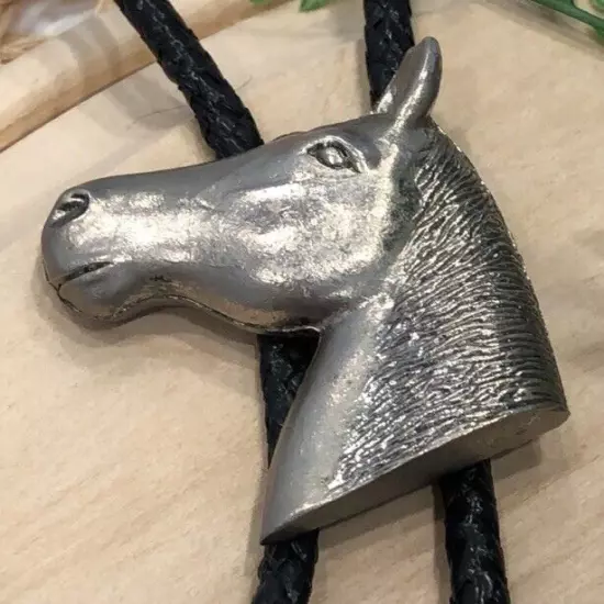 Horse Bolo Tie Silvertone Horse Black Woven Cord