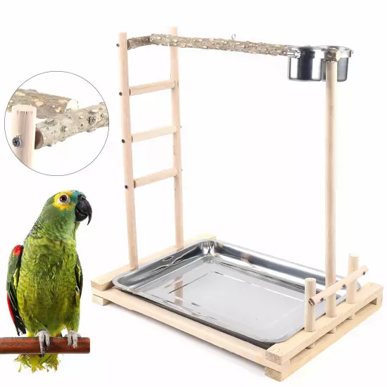 Wooden Bird Stand Rack Large Parrot Perch Playstand with Steel Tray + 2*Food Cup